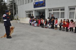 Jandarma köpeklerinin gösterisini minikler şaşırarak izledi