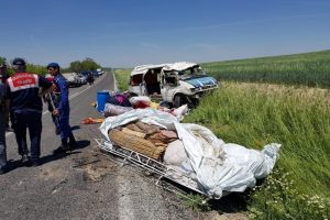 Tarım iş&ccedil;ilerini taşıyan minib&uuml;s takla attı