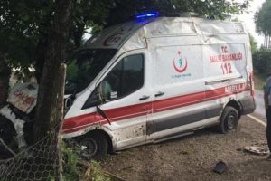 Ambulans, yol kenarındaki ağa&ccedil;lara &ccedil;arptı: 5 yaralı