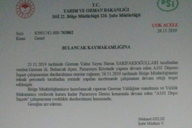 Dere yatağının kurumasına sebep olan inşaat durduruldu