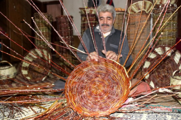 Hizanlı usta, s&ouml;ğ&uuml;t dallarını sepete d&ouml;n&uuml;şt&uuml;r&uuml;yor