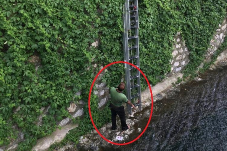 Bursa'da yaralı martıyı kurtarmak i&ccedil;in indiği derede mahsur kaldı