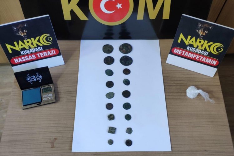 Aydın'da ş&uuml;pheli ara&ccedil;tan sikke ve uyuşturucu &ccedil;ıktı