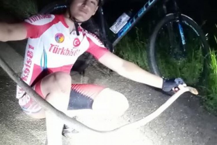 Bursa'da bisiklet&ccedil;iler 2 metrelik yılan yakaladı