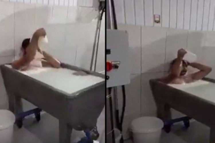 Süt fabrikasında skandal görüntü! Banyo yaptı