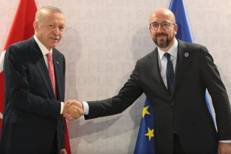 Cumhurbaşkanı Erdoğan, AB Konsey Başkanı Michel ile g&ouml;r&uuml;ş&uuml;yor