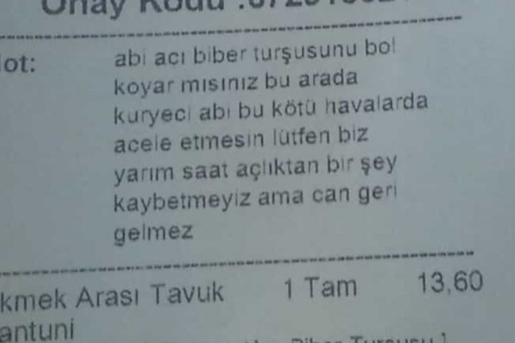 Yemek siparişi veren m&uuml;şteriden i&ccedil; ısıtan not