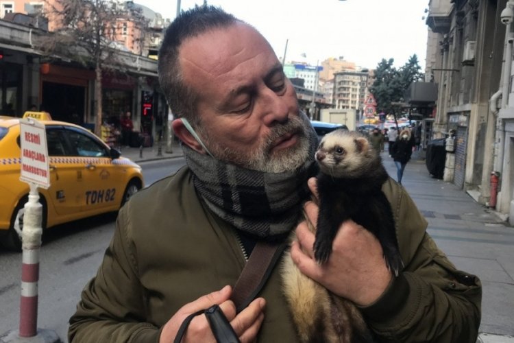 İstanbul Taksim'de tasma taktığı gelincikle gezdi