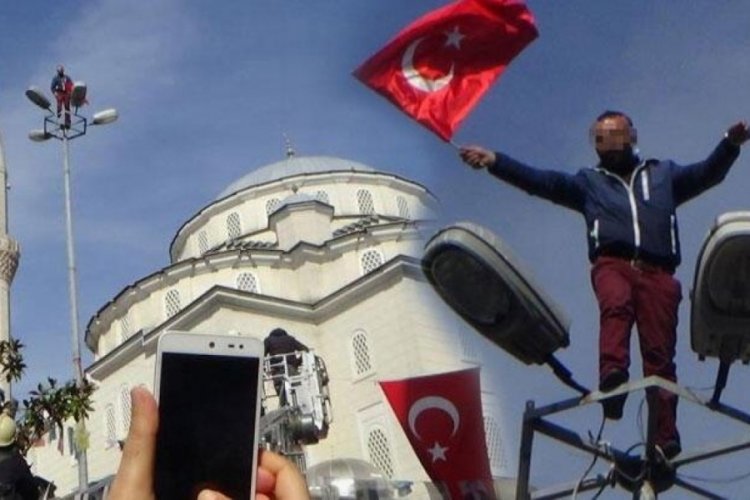 Direğe &ccedil;ıkıp bayrak salladı