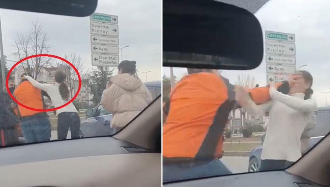 Kadın s&uuml;r&uuml;c&uuml; ve kurye arasında yol verme kavgası