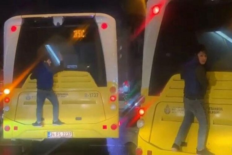 İstanbul'da otob&uuml;s&uuml;n arkasında '&ouml;r&uuml;mcek adam' yolculuğu!
