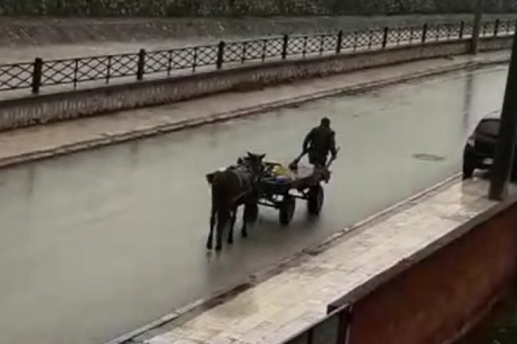D&uuml;zce'de atı yorulunca arabayı kendisi &ccedil;ekti