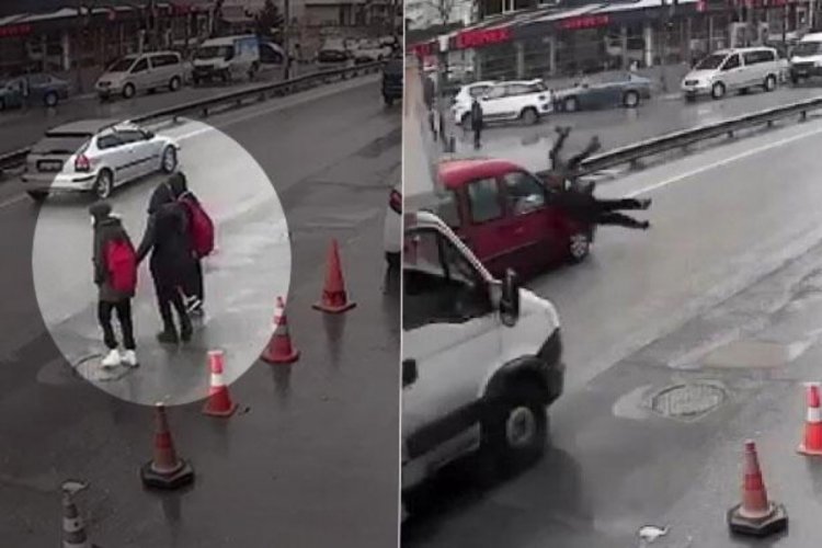 Yolun karşısına ge&ccedil;meye &ccedil;alışan 3 &ouml;ğrenciye otomobil &ccedil;arptı