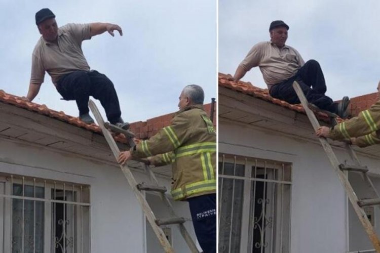 &Ccedil;atıya &ccedil;ıktığı merdiveni &ccedil;alınınca mahsur kaldı