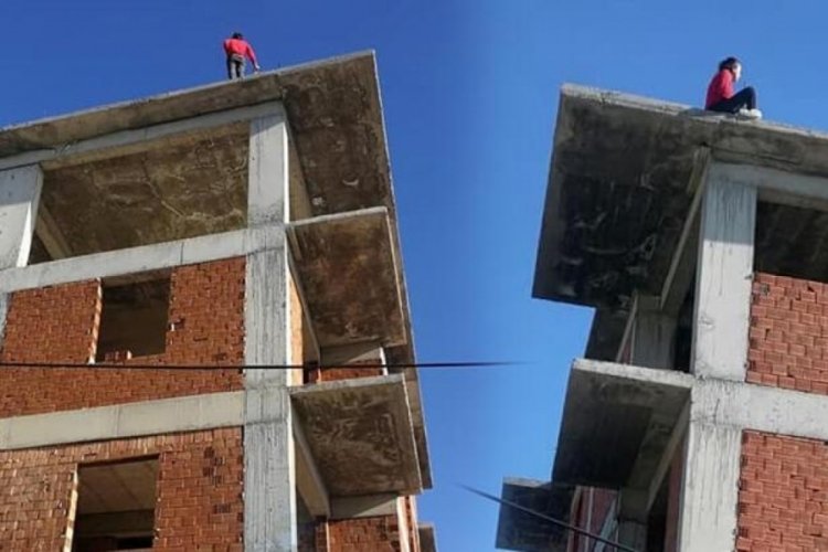 Denizli'de gen&ccedil; kadın binanın &ccedil;atısına &ccedil;ıktı