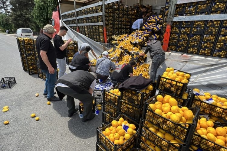 D&uuml;zce'de TIR'daki limonlar yola savruldu,  vatandaşlar yardıma koştu