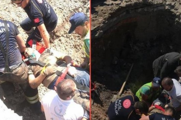 Boynuna kadar toprağa g&ouml;m&uuml;len iş&ccedil;i arkadaşlarının yardımıyla kurtarıldı