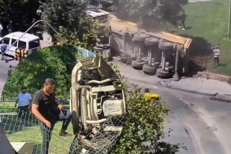 Hafriyat kamyonu parkın duvarına &ccedil;arparak devrildi