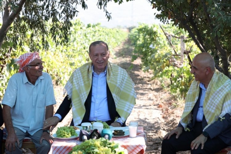 Manisa'da Cumhurbaşkanı Erdoğan &uuml;z&uuml;m bağına giderek &uuml;reticilerle buluştu