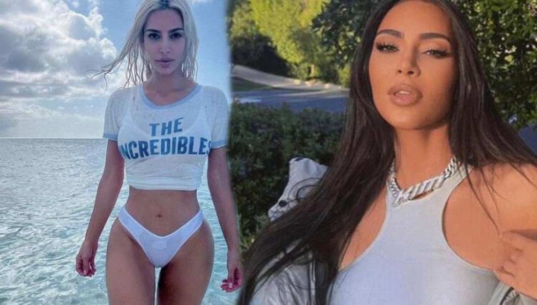 Kal&ccedil;alarını eriten Kim Kardashian'dan mavi elbiseli poz