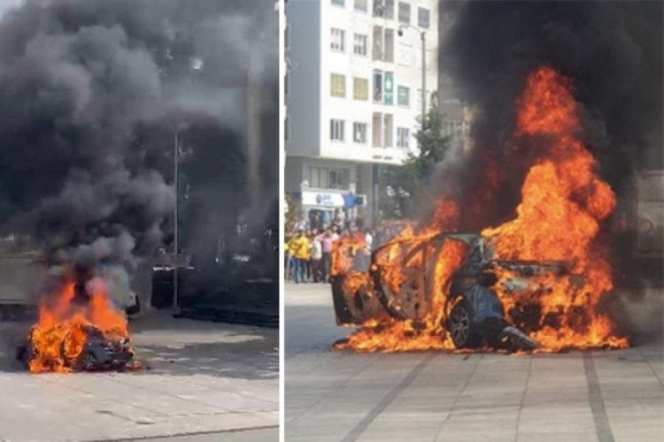 Haciz gelen arabasını benzin d&ouml;k&uuml;p yaktı