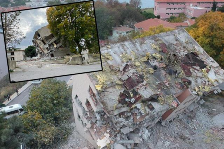 Sinop'ta yıkımı sırasında yan yatan binada &ccedil;&ouml;kme meydana geldi