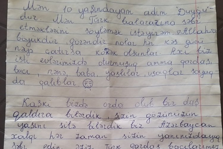 Azerbaycanlı &ccedil;ocuktan y&uuml;rekleri ısıtan mektup