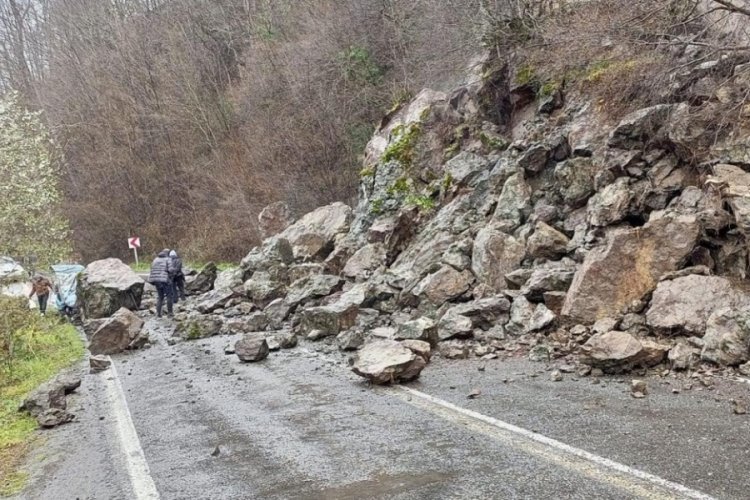 Ordu'da d&uuml;şen kayalar yolu kapattı