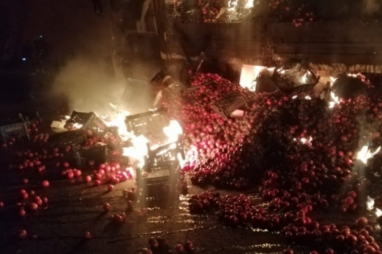 Mersin'de domates y&uuml;kl&uuml; kamyon yandı