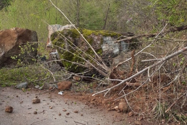 Artvin'de yama&ccedil;tan kopan dev kaya k&ouml;y yolunu ulaşıma kapattı