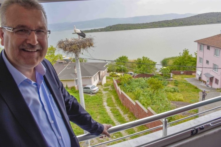 Bursa'da yaren Leylek, yeni yuvasında dostu Adem Amca'ya komşu oldu