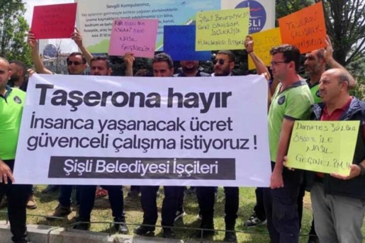 İstanbul'da Şişli Belediyesi &ouml;n&uuml;nde iş&ccedil;iler eylem yapıyor