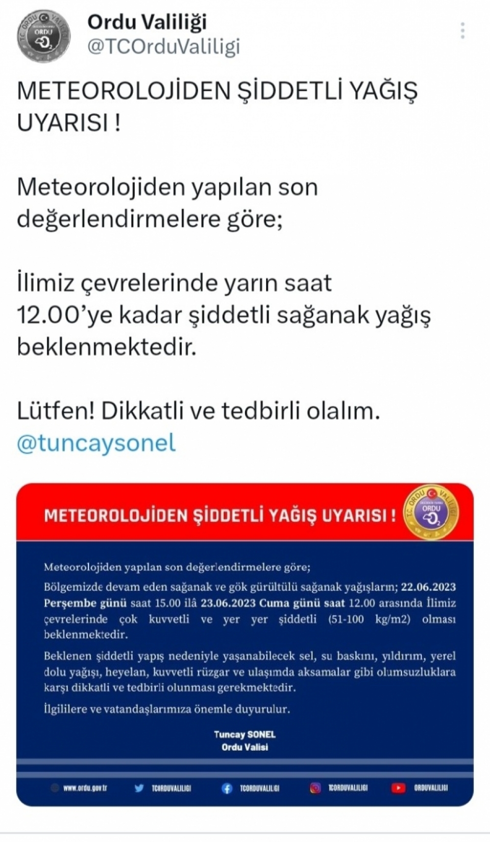 Ordu i&ccedil;in &ccedil;ok kuvvetli ve şiddetli sağanak uyarısı