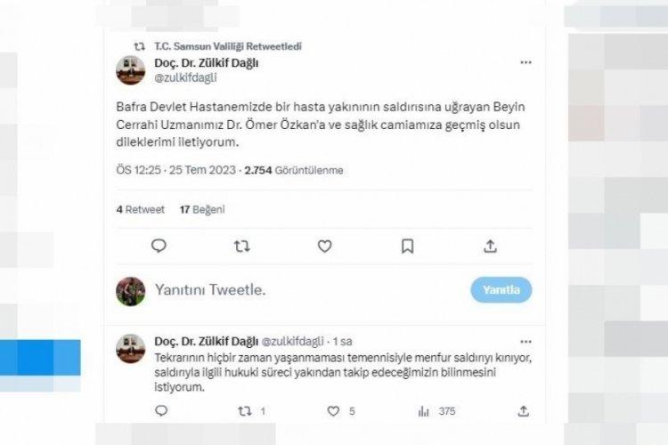 Samsun Valiliği, doktora yapılan saldırıyı kınadı