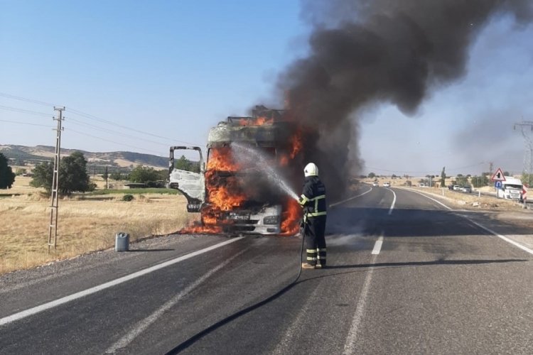 Diyarbakır'da elektrik direği y&uuml;kl&uuml; TIR alev aldı!