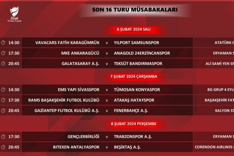 Ziraat T&uuml;rkiye Kupası Son 16 Turu programı a&ccedil;ıklandı