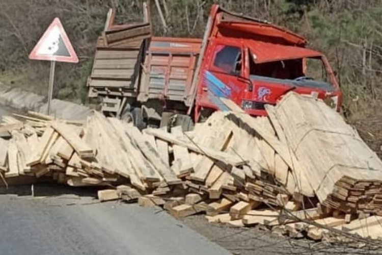Bursa'da kereste y&uuml;kl&uuml; kamyonun freni patladı, s&uuml;r&uuml;c&uuml; yaralandı