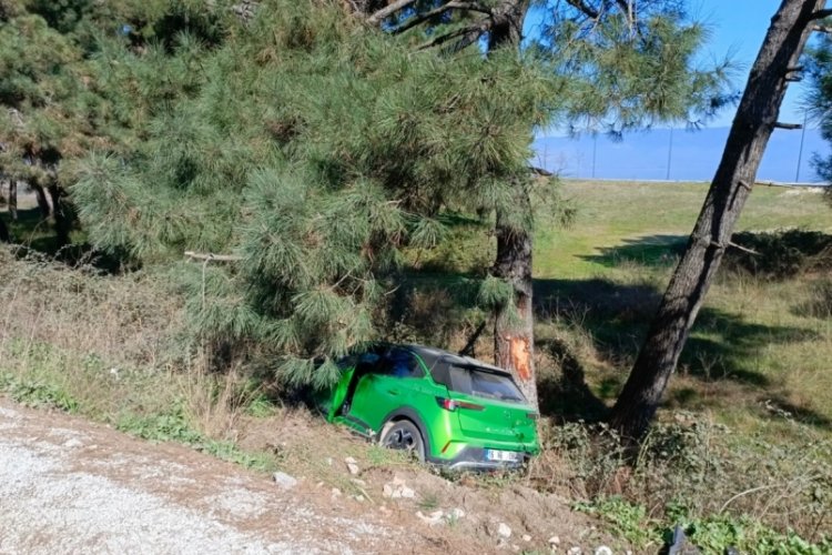 Bursa'da virajı alamayan otomobil ağa&ccedil;lık alana u&ccedil;tu...