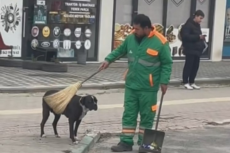 Bursa'da temizlik görevlisi ve sokak köpeğinin anları yüzleri gülümsetti