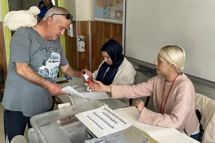İstanbul'da bir vatandaş beraberindeki s&uuml;s tavuğuyla oy kullandı