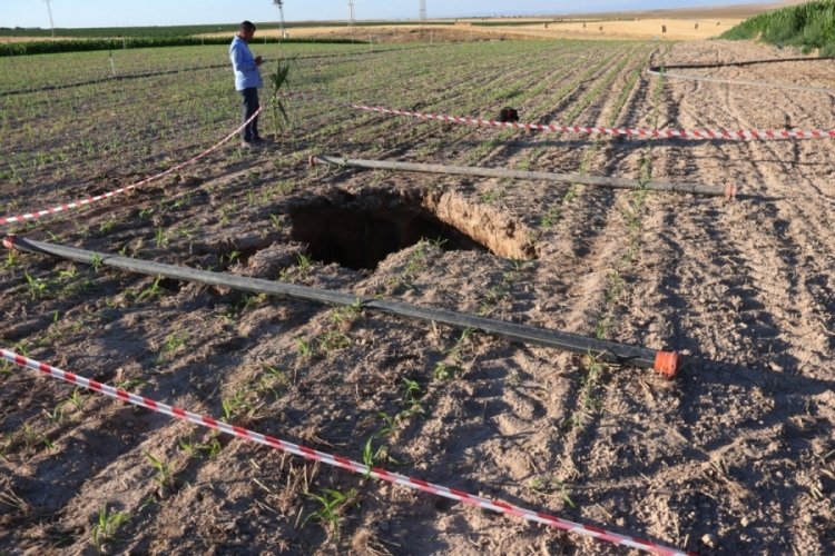 Aksaray'da mısır tarlasında k&uuml;&ccedil;&uuml;k &ccedil;aplı obruk oluştu