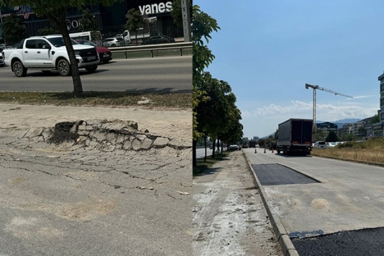 Bursa'da ağırlığa dayanamayıp &ccedil;&ouml;ken yol yapıldı