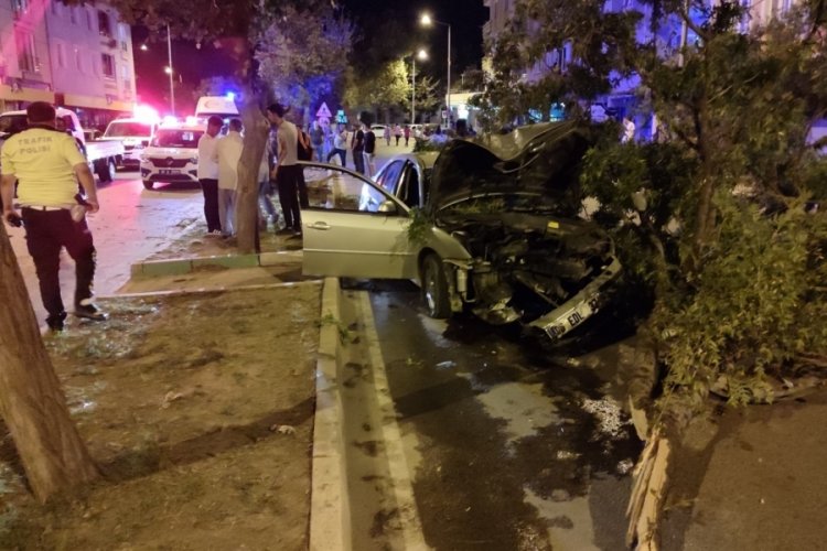 Bursa'da otomobil kontrolden çıkıp, refüjdeki ağaçlara çarptı