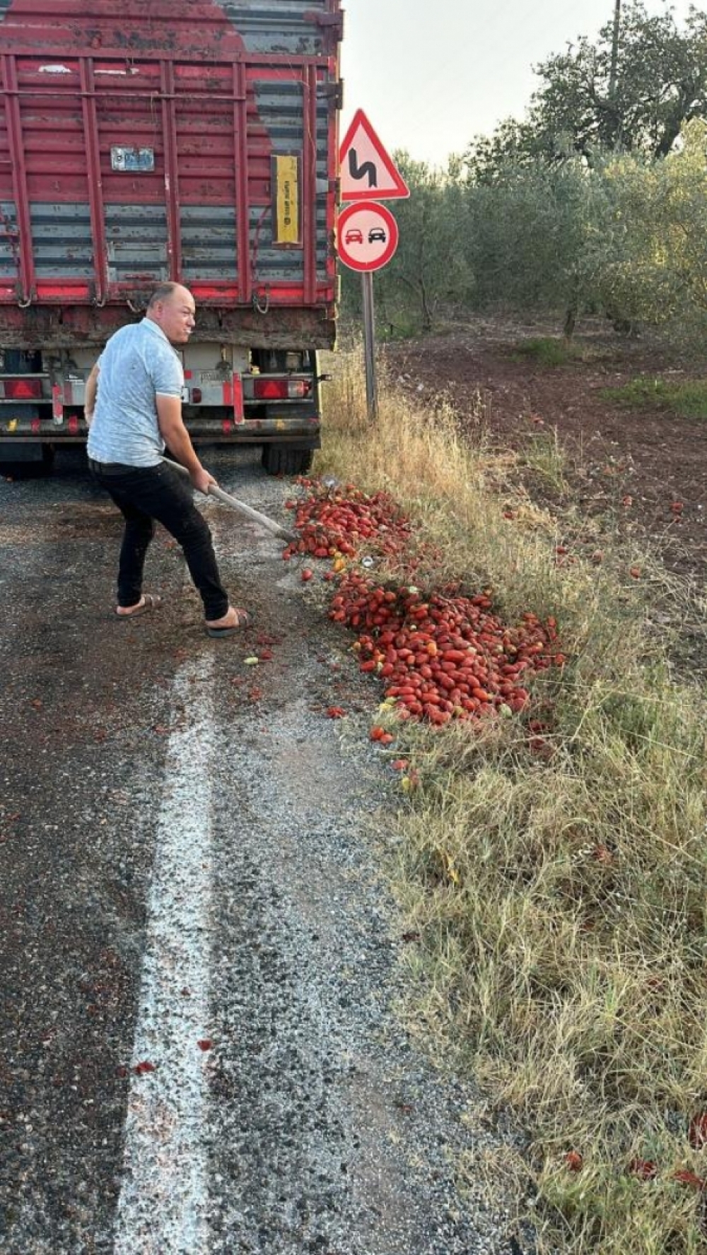 İzmir'deki yangını s&ouml;nd&uuml;ren itfaiye erleri, Manisa'da yola sa&ccedil;ılan domatesleri temizledi