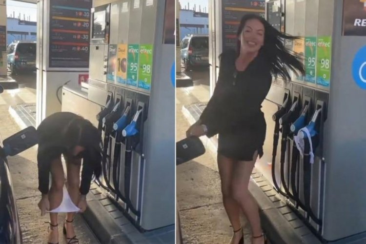 Benzinlikte i&ccedil; &ccedil;amaşırını &ccedil;ıkartıp pompanın &uuml;zerine koydu! Tepkilerin odağına yerleşti