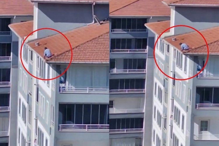 12 katlı binanın &ccedil;atısına &ouml;nlem almadan &ccedil;ıktı!