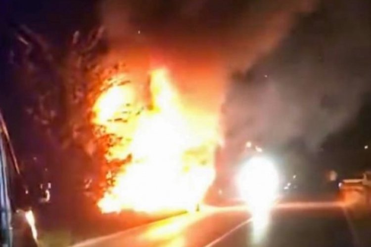 Kontrolden &ccedil;ıkarak yol kenarına u&ccedil;an ara&ccedil; alev topuna d&ouml;nd&uuml;: 2 yaralı