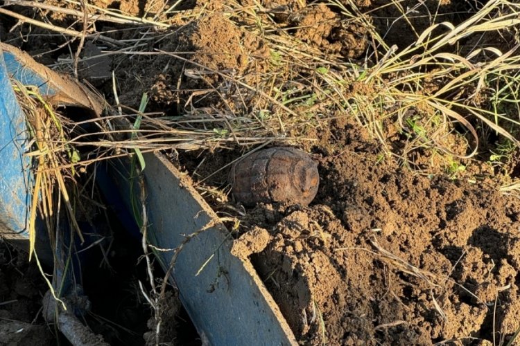 Bursa'da tarlayı süren çiftçi patlamamış el bombası buldu