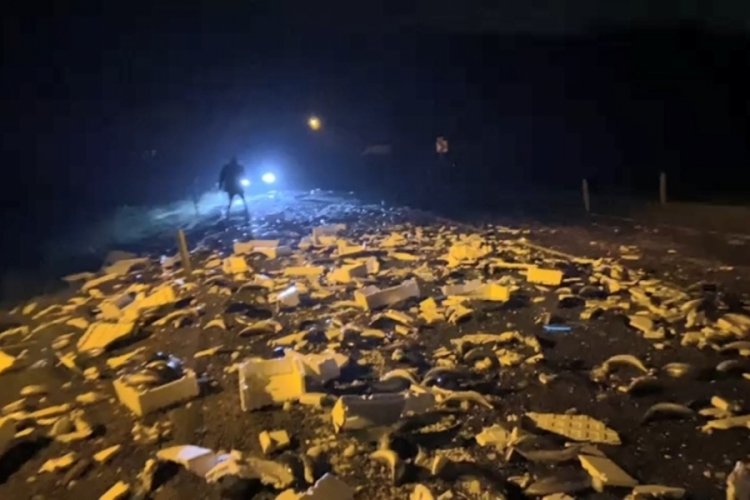 Bartın-Karab&uuml;k yolunda tırın kasası a&ccedil;ılınca tonlarca balık yola d&ouml;k&uuml;ld&uuml;