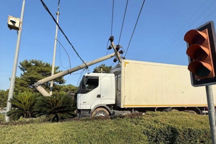 Freni tutmayan kamyon aydınlatma direğini ikiye böldü!